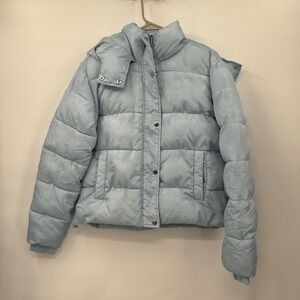 Debby Collection Light Blue Puffer Jacket Hooded Snap Button Zip Up Womens ‎ S
